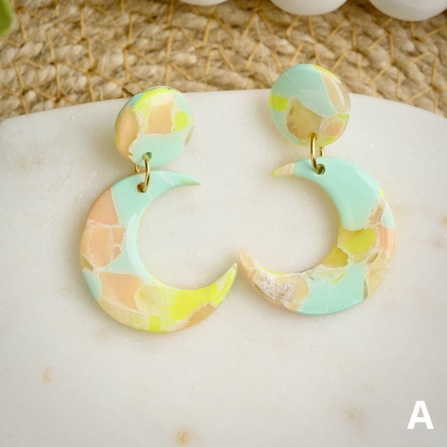 Crescent Dangles in Cotton Candy Marble