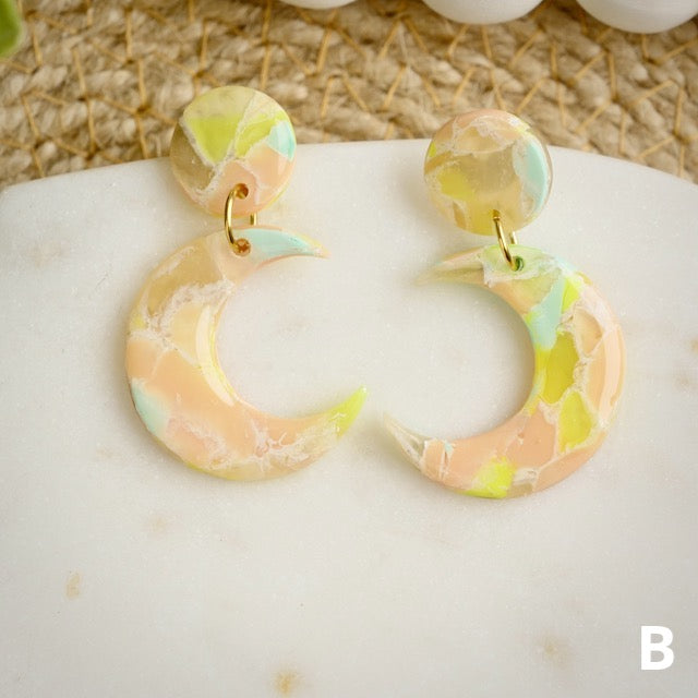 Crescent Dangles in Cotton Candy Marble