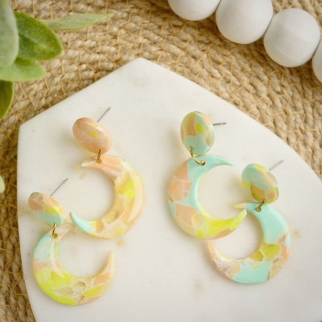 Crescent Dangles in Cotton Candy Marble