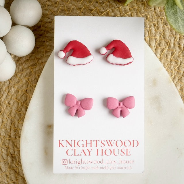 Stud 2 Pack with Santa Hat Studs and Pink Bow Studs