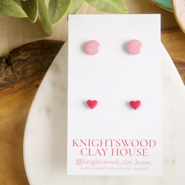 Stud 2 Pack with Pink Circle Studs and Strawberry Micro Heart Studs