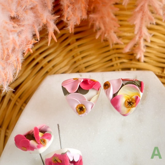 Reuleaux Studs in Peachy Pink Floral