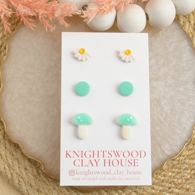 Stud 3 Pack with Turquoise Mushrooms, White Daisies and Fiji Circle Studs