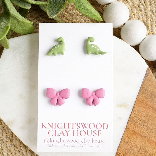 Stud 2 Pack with Green Dino and Pink Bow