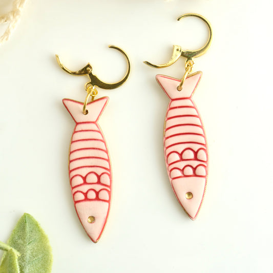 Red Sardine Dangles on Lever-Back Hooks