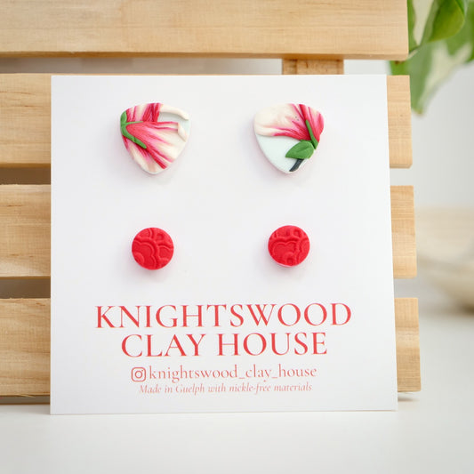 Stud 2 Pack with Reuleaux studs in Magnolia Blossoms & Micro Studs in Red