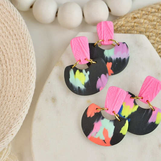 Honey Crescent Dangles in Black Neon Rip & Tear
