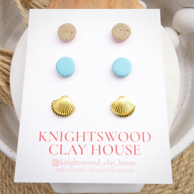 Stud 3 Pack with Sand Micro Studs, Blue Micro Studs, and Brass Clamshell Studs