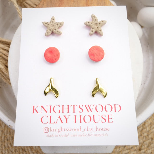 Stud 3 Pack with Starfish Studs, Coral Micro Studs, and Brass Mermaid Tails
