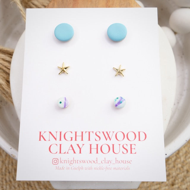 Stud 3 Pack with Blue Micro Studs, Starfish Brass Studs and Mermaid Bubble Mini Micro Studs