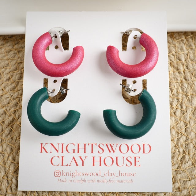 Combo Pack: Micro Clay Hoops in Magenta Pearl and Forest Green