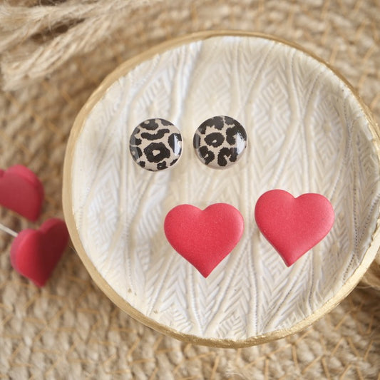 Stud 2 Pack with Micro Studs in Leopard Print and Heart Studs in Red