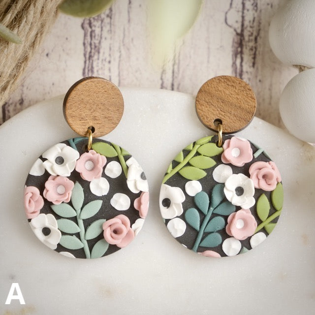 Carden Circle Dangles in Floral with Wood Studs