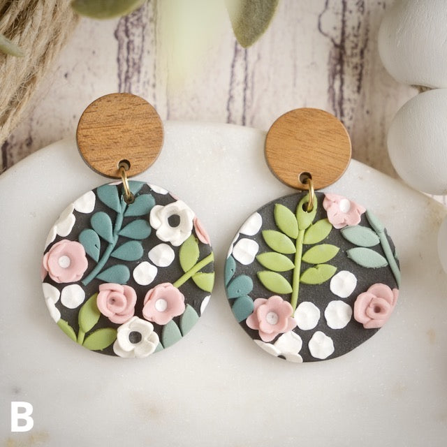 Carden Circle Dangles in Floral with Wood Studs