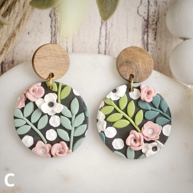 Carden Circle Dangles in Floral with Wood Studs