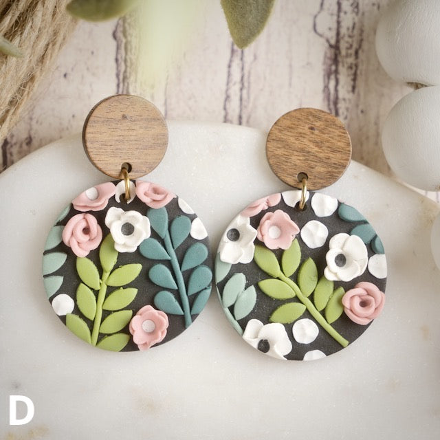 Carden Circle Dangles in Floral with Wood Studs