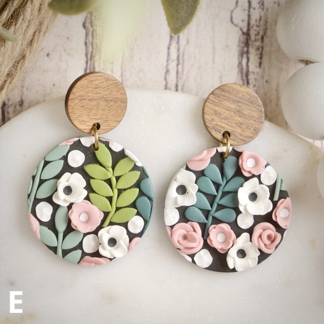 Carden Circle Dangles in Floral with Wood Studs