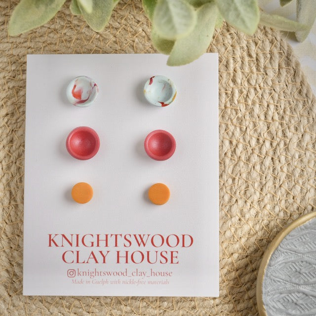 Stud 3 Pack with Blue Marble Button Studs, Cherry Red Button Studs, and Gold Micro Studs