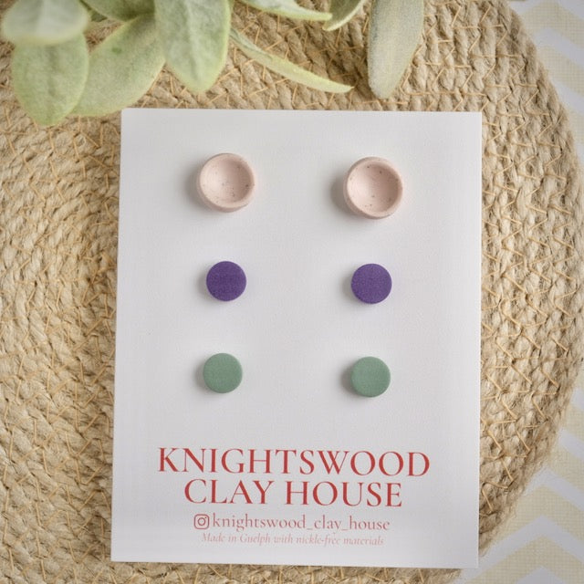 Stud 3 Pack with Light Pink Button Studs, Purple and Sage Micro Studs