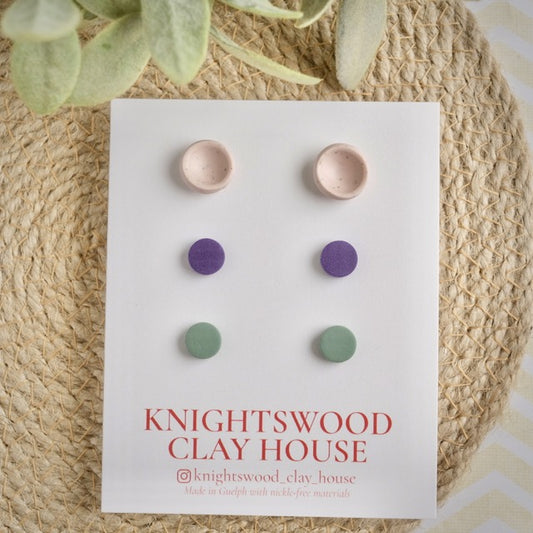 Stud 3 Pack with Light Pink Button Studs, Purple and Sage Micro Studs