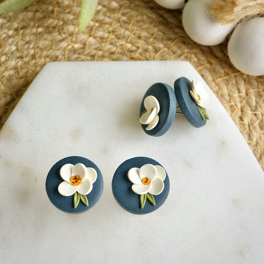 Circle Studs in White Floral