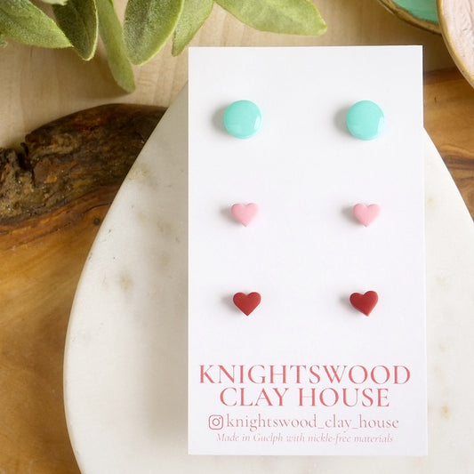 Stud 3 Pack with Turquoise Circle Studs, Pink and Red Micro Heart Studs