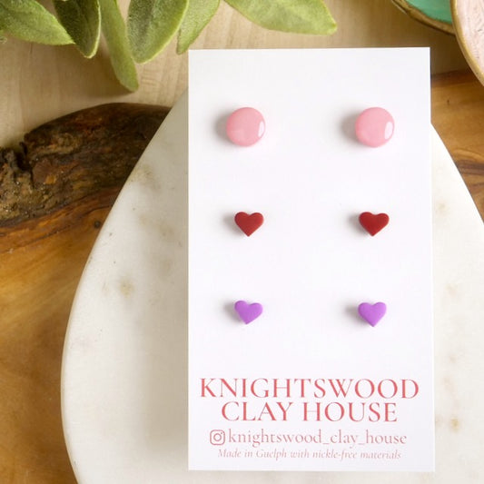 Stud 3 Pack with Pink Circle Studs, Purple and Red Micro Heart Studs