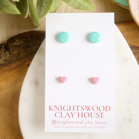 Stud 2 Pack with Turquoise Circle Studs and Pink Micro Heart Studs