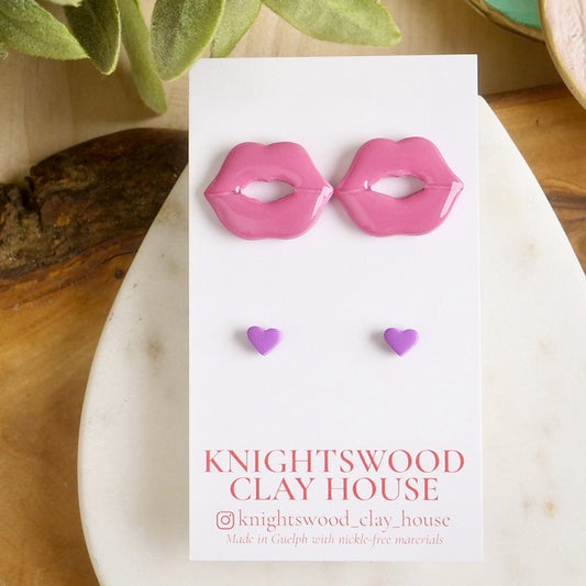 Stud 2 Pack with Pink Lip Studs and Purple Micro Heart Studs
