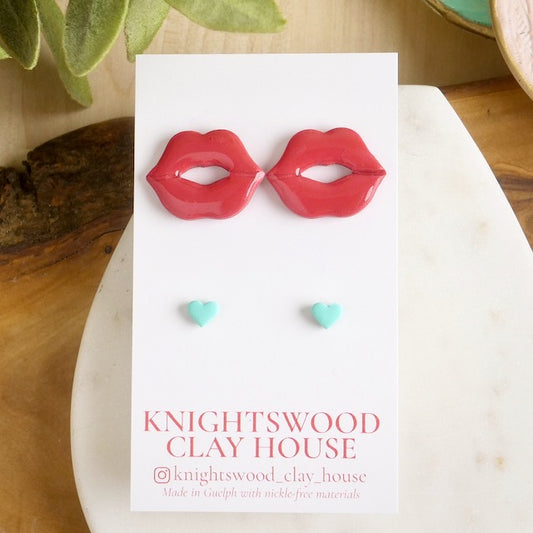 Stud 2 Pack with Red Lip Studs and Turquoise Micro Heart Studs
