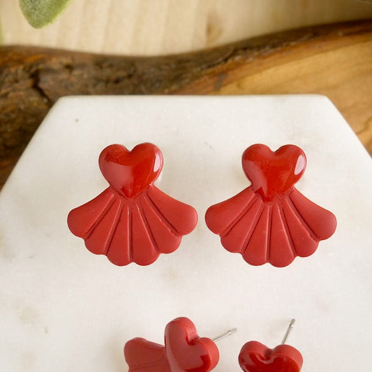 Heart Fan Studs in Red