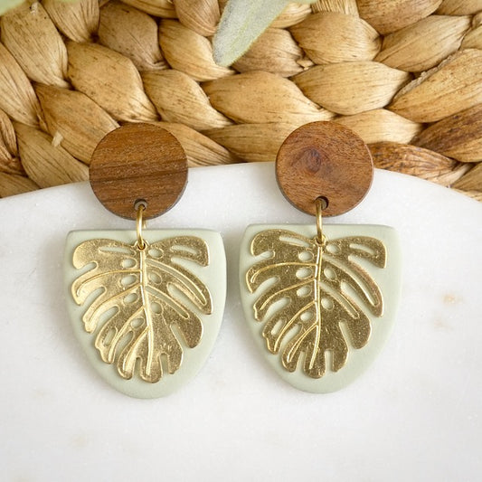 Merion Dangles in Green with Brass Monstera