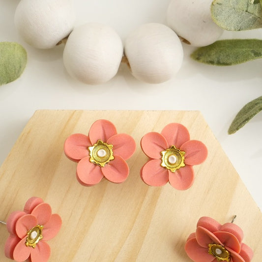 Flower Studs in Coral with Metallic Centre