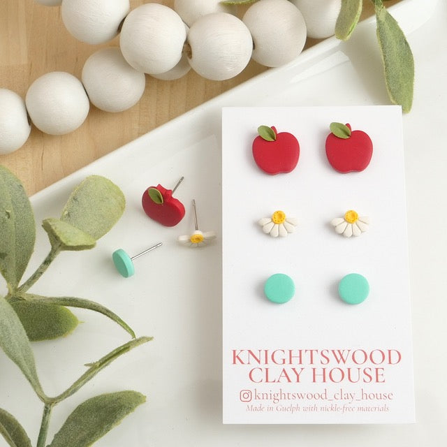 Stud 3 Pack with Turquoise Circle Studs, Daisy Studs, and Apple Studs