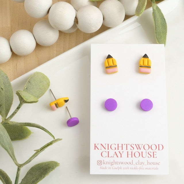 Stud 2 Pack with Pencil and Purple Circle Studs