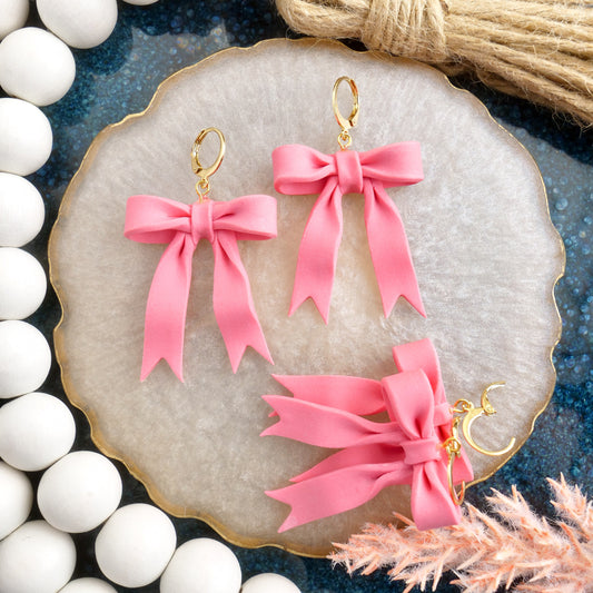 Bow Dangles in Pink with Lever Back Earring Hooks