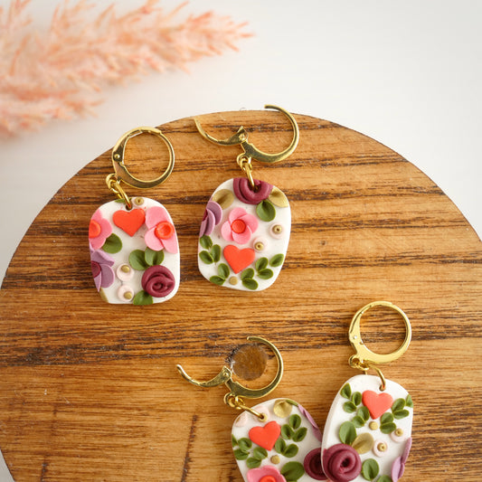 Heart Floral Dangles with Lever Back Earring Hooks