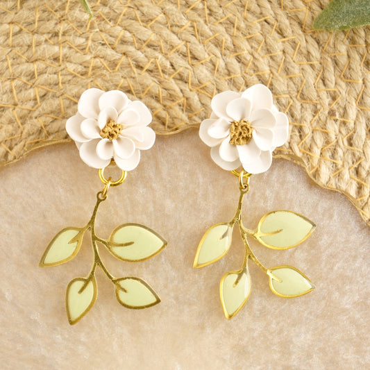 White Floral Dangles with Brass Leaf