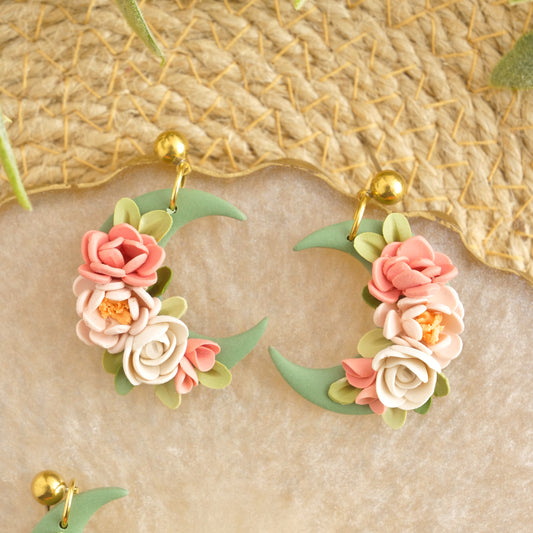 Green Crescent Dangles in Pink Floral