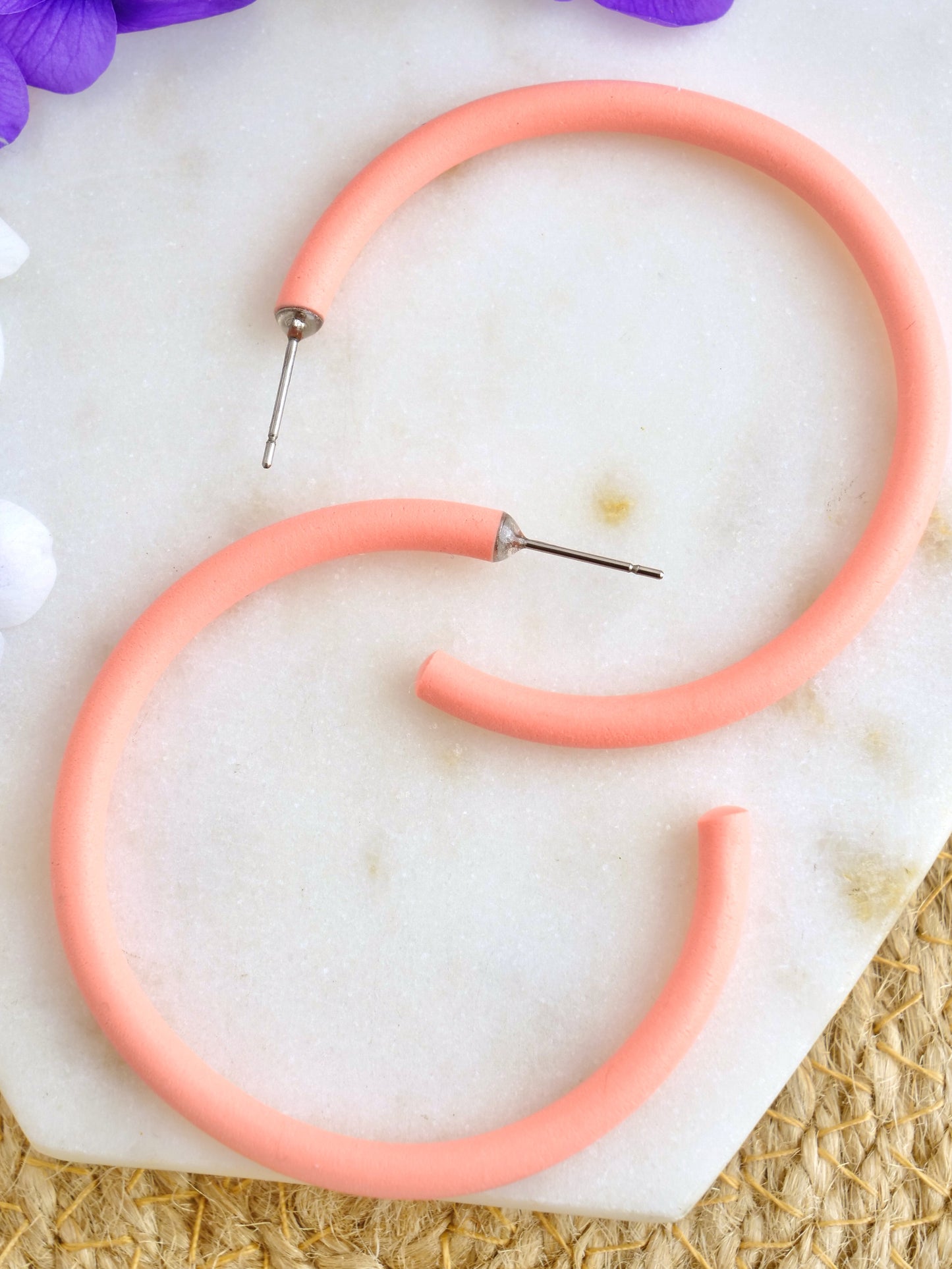 Skinny Clay Hoops in Coral