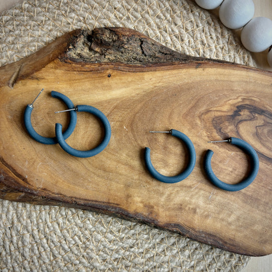 Skinny Mini Clay Hoops in Dark Denim