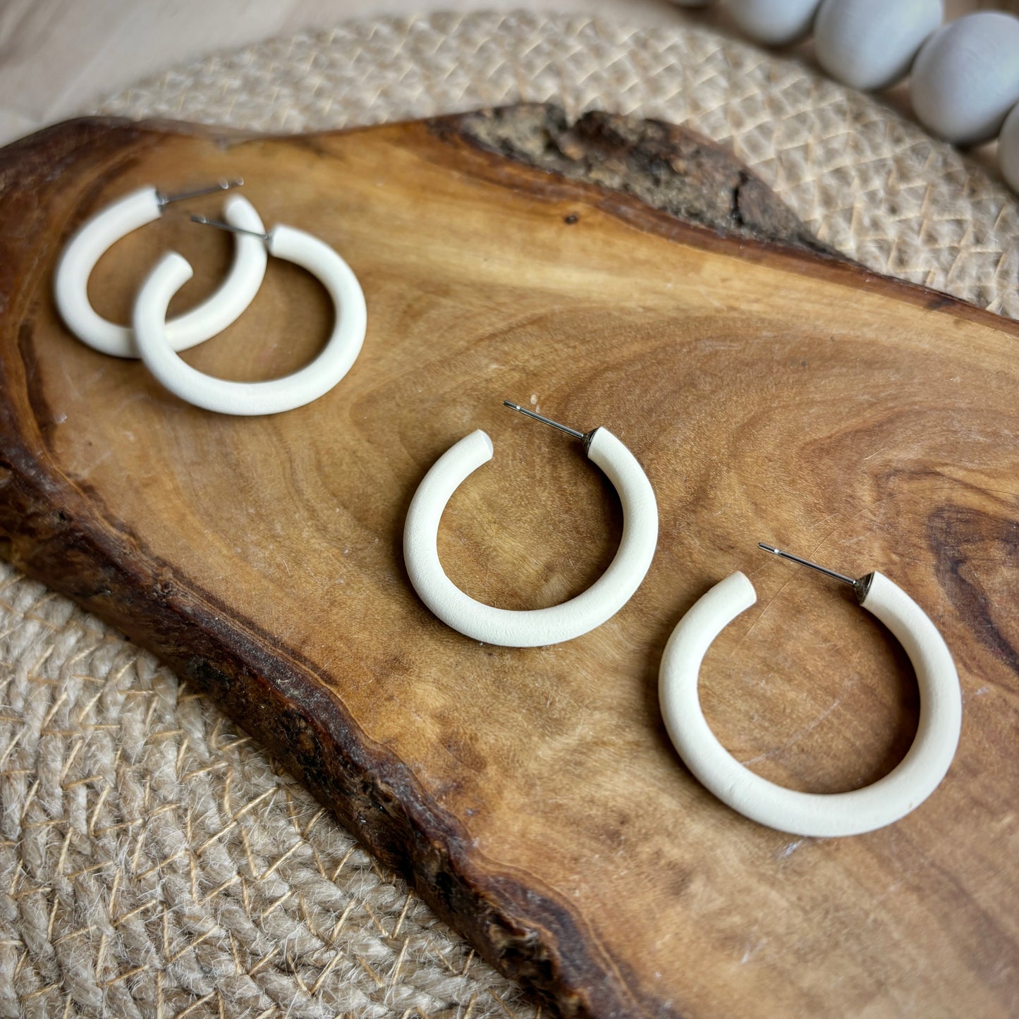 Skinny Mini Clay Hoops in Ivory