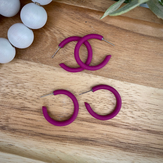 Skinny Mini Clay Hoops in Turnip Purple