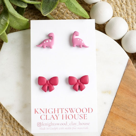 Stud 2 Pack with Pink Dino and Red Bow
