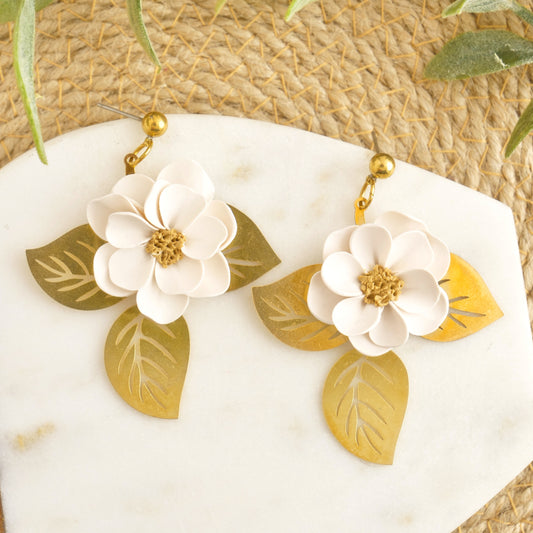 Brass Leaf Dangles with White Flower