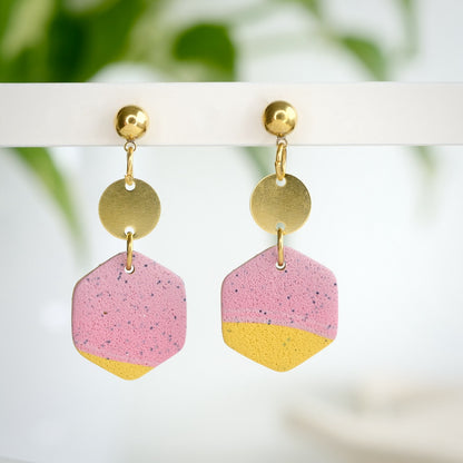 Hepburn Hex Dangles in Pink and Yellow Stone