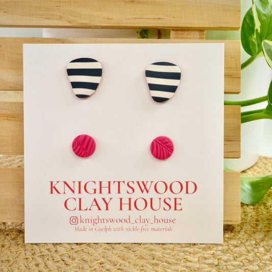 Stud 2 Pack Pebble Studs in Navy Stripes and Micro Studs in Hot Fuchsia