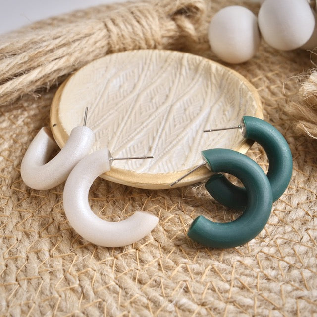 Combo Pack: Micro Clay Hoops in Pearl White and Forest Green