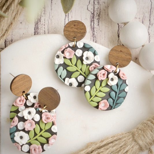 Carden Circle Dangles in Floral with Wood Studs